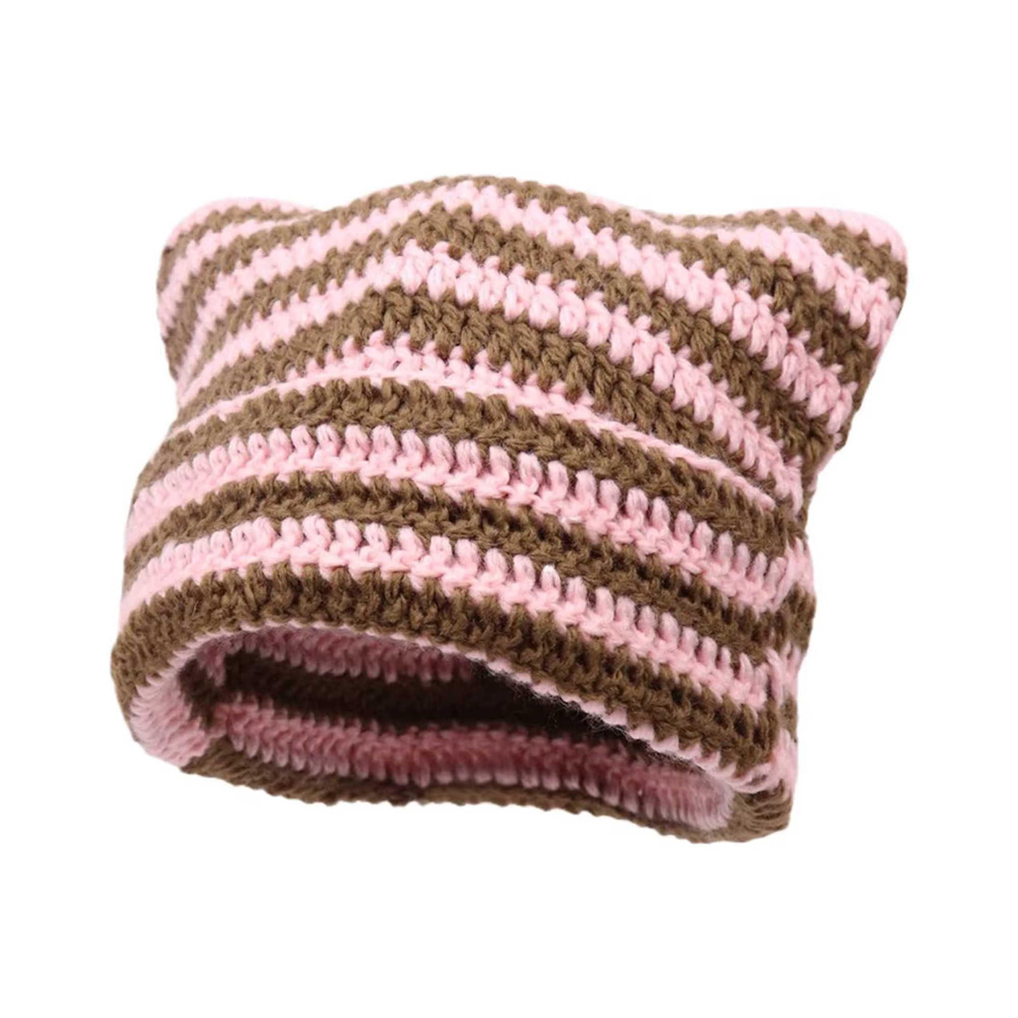 y2k cat ear beanie - brown and white